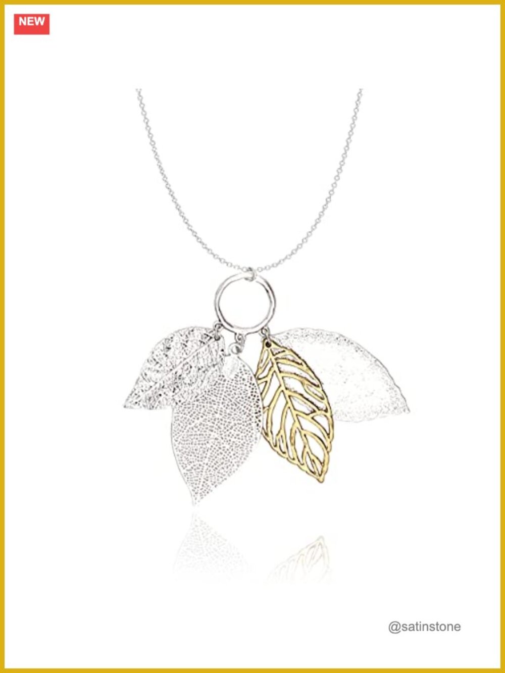 Two Tone Filigree Fall Leaf Pendant Long Necklace Chic Sweater Chain Statement